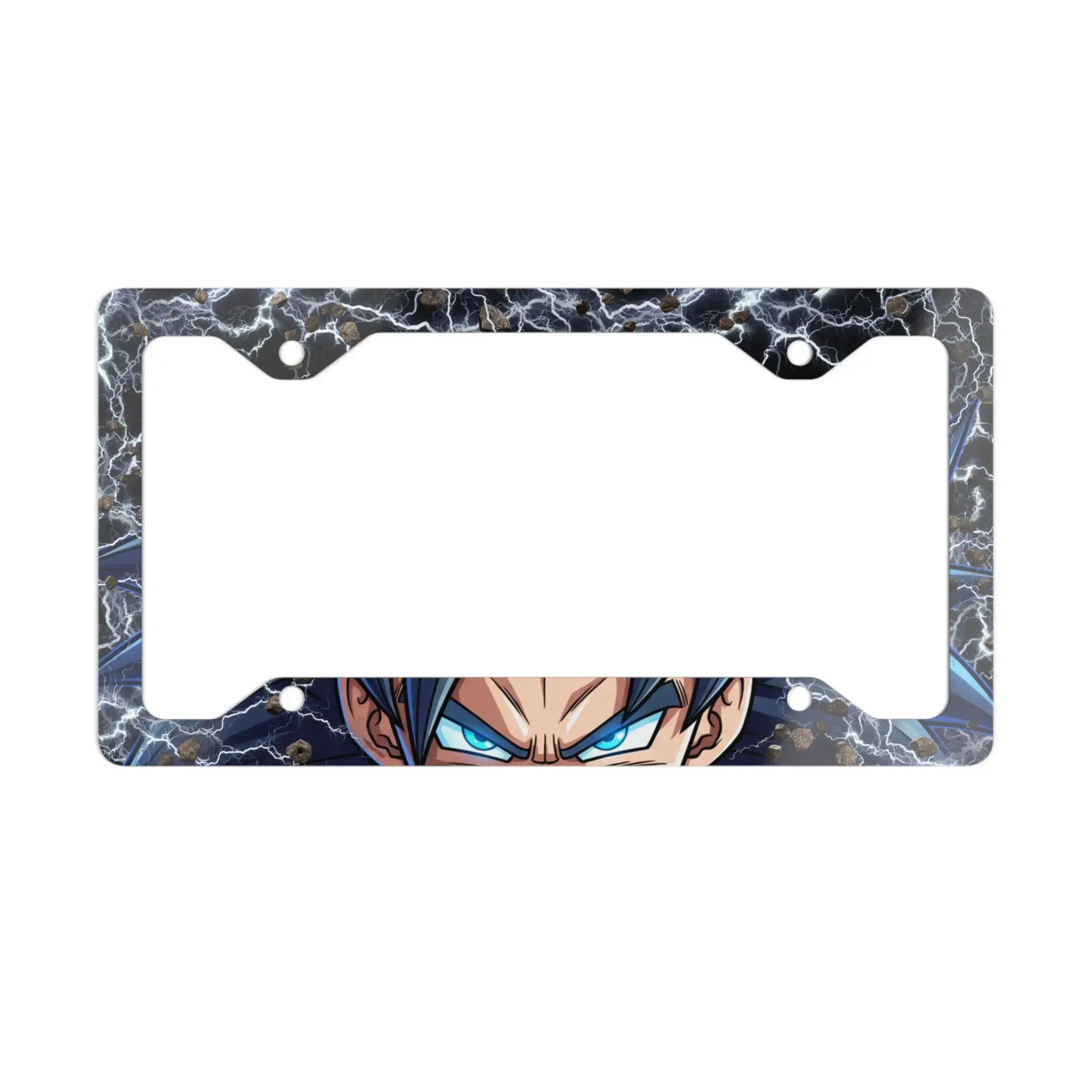 Anime Warrior Eyes Metal License Plate Frame Blue Lightning Border Glossy White Aluminum Unique Cut Pre Drilled Holes Standard Size