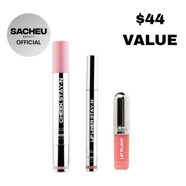 sacheu Cheek & Lip STAY-N Trio | Blush, Lip Liner & Gloss Trio | All-Day Dewy Lip & Cheek Set