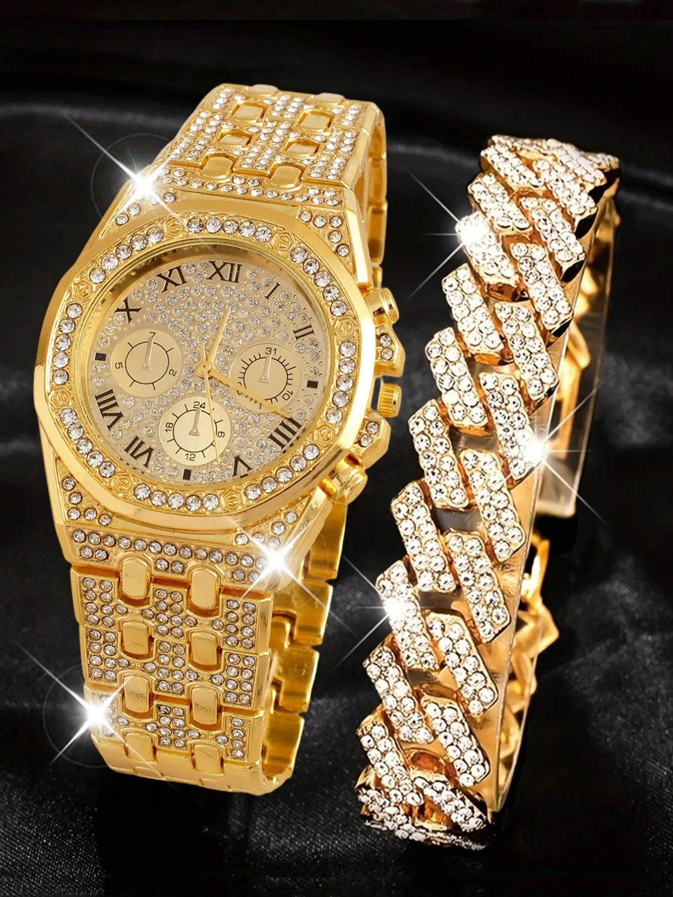 2 Piece Set Luxury Rhinestone Watch and Bracelet Combo, Fashionable Watch, fashionable wristwatch set, Hip Hop Fashion Jewelry, Unisex Gift for Holidays and Birthdays