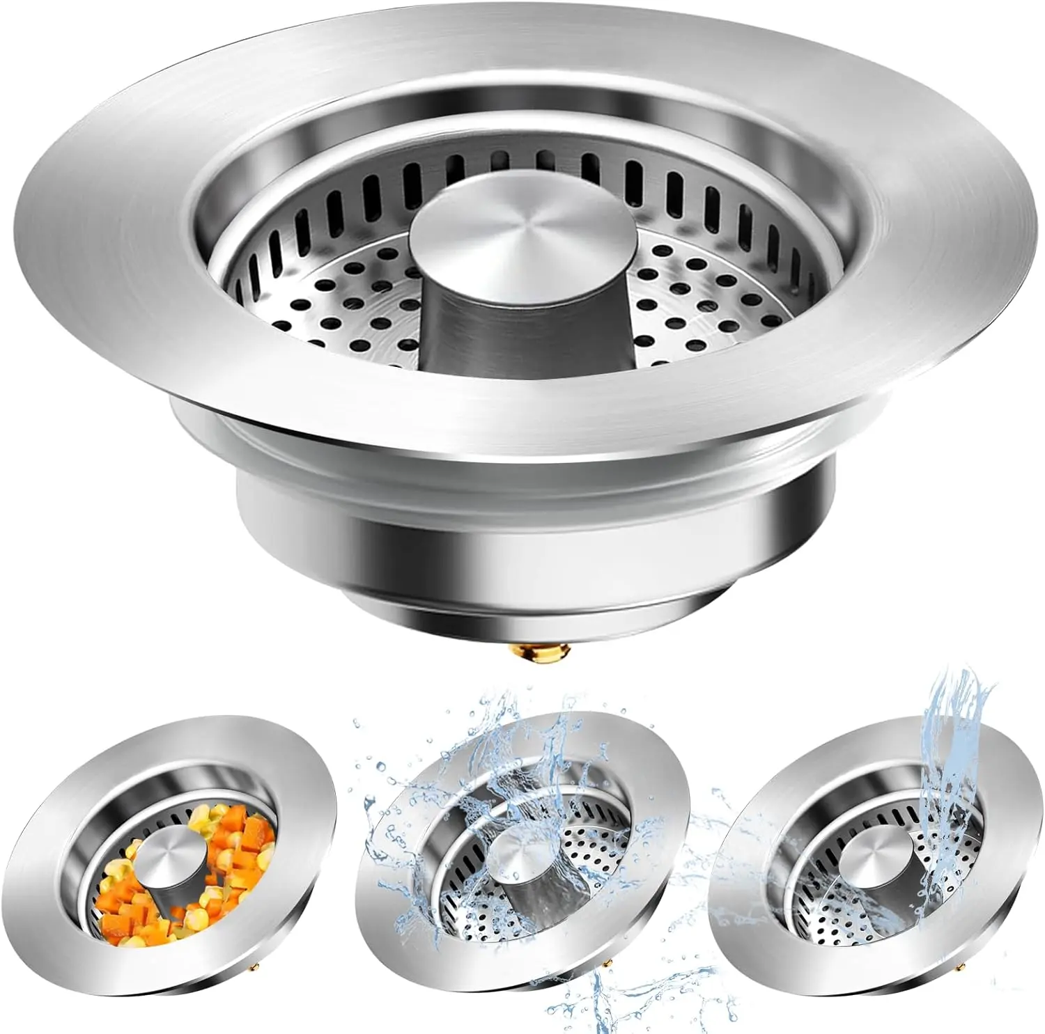 3 in 1  kitchen sink drain filter and stopper assembly, 304 stainless steel sink stopper with a removable basket filter, equipped with an odor-removing and clog-preventing basket filter, suitable for American standard 3-1/2 inch drain outlet