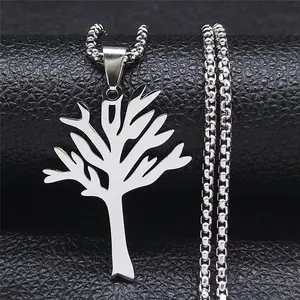 Stainless Steel Hollow Tree of Life Pendant Necklace Minimalist Geometric Design Hypoallergenic Waterproof Metal for Men Women Casual Streetwear Style