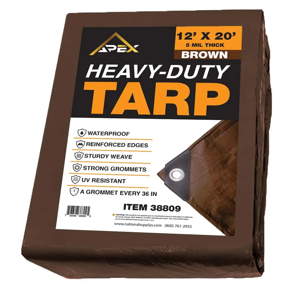 Heavy Duty Thick Brown 5 MIL All Season Wind-Stabilized Tent Tarp - UV Protected, Waterproof Multipurpose Outdoor Cover for Camping, Storage, All Season Tarp, Uv Protected Tarp