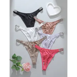 Women's 6 Pack Rhinestone Thongs Low Rise High Cut Stylish Fitness Underwear