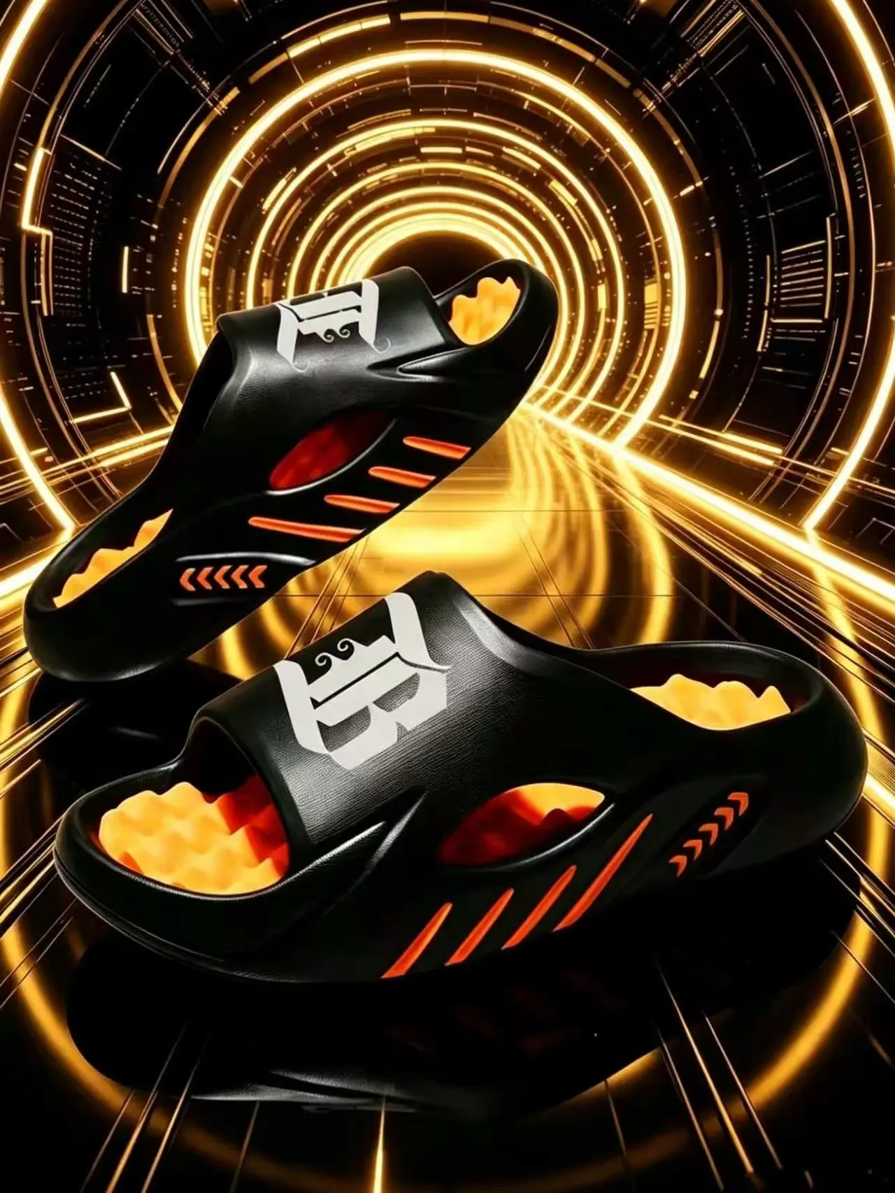 Men's Y2K Cyberpunk Thick-Sole Slip-On Footwear, Gothic Letter Print Massage Slippers, Anti-Slip EVA Open-Toe Casual Sandals with Orange Wave Cushion, Chic Party Streetwear Platform Shoes for Daily Wear