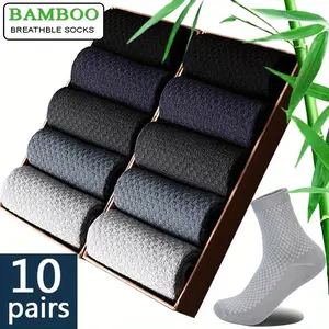 Menswear 10 Pairs/Lot Bamboo Fiber Compression Socks, Elegant Fashion Long Black Business Casual Dress Socks with Cartoon Details, Machine Washable Autumn Gift for Plus Size 42-45