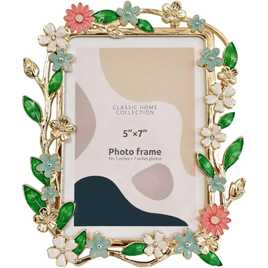 5x7 Picture Frames Gold Flower Photo Frame Blossom Metal Frames Vintage Spring Tabletop Display with Glass Front, Pink Green Floral Home Decor, Gifts for Wedding Anniversary Mother's Day