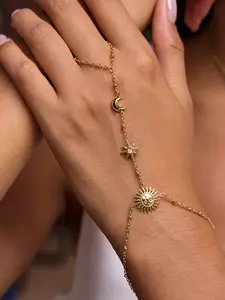 Ladies Bracelet With Diamond Stars And Moons Beaded Finger Chain Hand Chain Bracelet Stainless Steel 18k Gold Plated Waterproof Anti Allergy Elegant Gentle And Shiny Jewelry Matching Pretty Bracelet Elegant Exquisite Jewelry