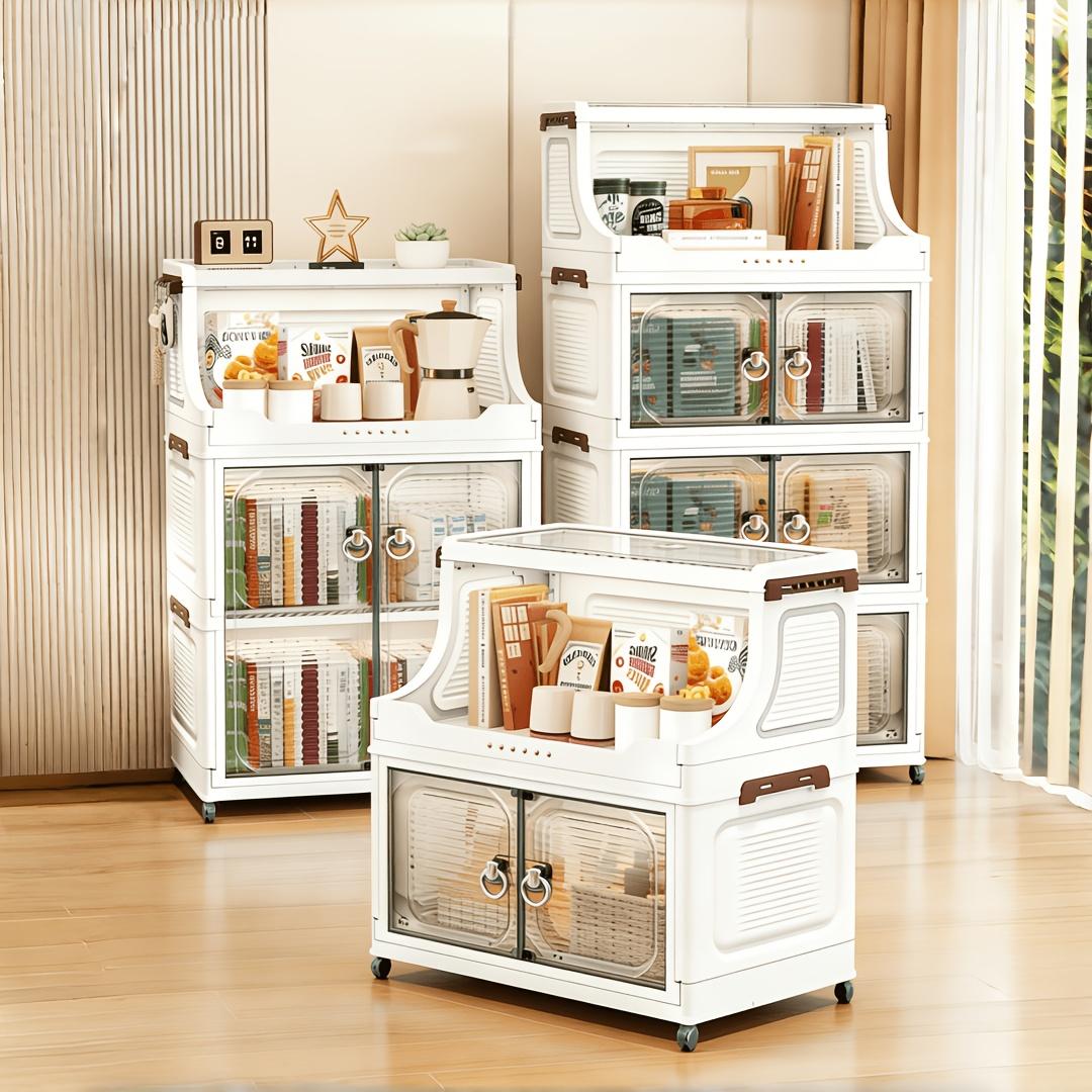 Portable and installation-free, space-saving, easy-to-assemble, stackable storage bins with lids; large-capacity folding storage cabinets with double doors; 2/3/4/5-tier storage cabinets with casters; ideal for dorms, homes, and office storage