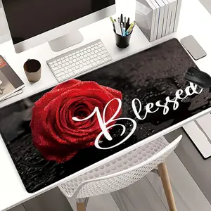 Red Rose “Blessed” Mouse Pads Extra Large Computer Desk Top Mat, Non - Slip Rubber Base & Stitched Edge, Inspirational Decor for Home and Office, Office Desktop Accessories