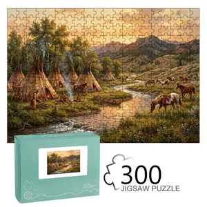 Western Prairie Indian Camp Jigsaw Puzzle – Oil Painting Style, Premium Cardboard, Tipis Horses River Landscape, Family Game & Decor