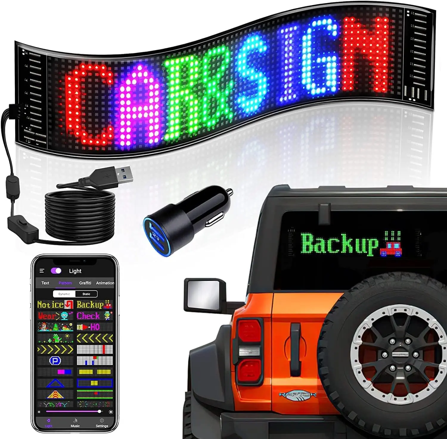 LED RGB Matrix Pixel Screen, 1 Count Scrolling Bright Advertising LED Sign, Flexible USB Powered 5V Bluetooth-compatible LED Light Car Sign with APP Control, Decorative LED Lamp Waterproof Text Colorful Lighting Portable Animations Patterns car decoration