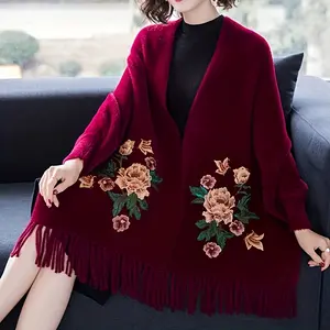 Elegant Female Faux Fur Embroidered Shawl Scarf for Autumn Winter with Tassel and Cloak Style