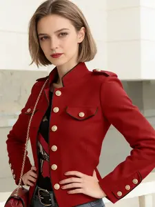 A women's fashionable Elegant Chic retro style red stand up collar gold buckle short jacket with contrasting colors, multiple pockets, waist cinching, commuting daily wear top, suitable for all seasons, suitable for vacation, indoor, outdoor wear