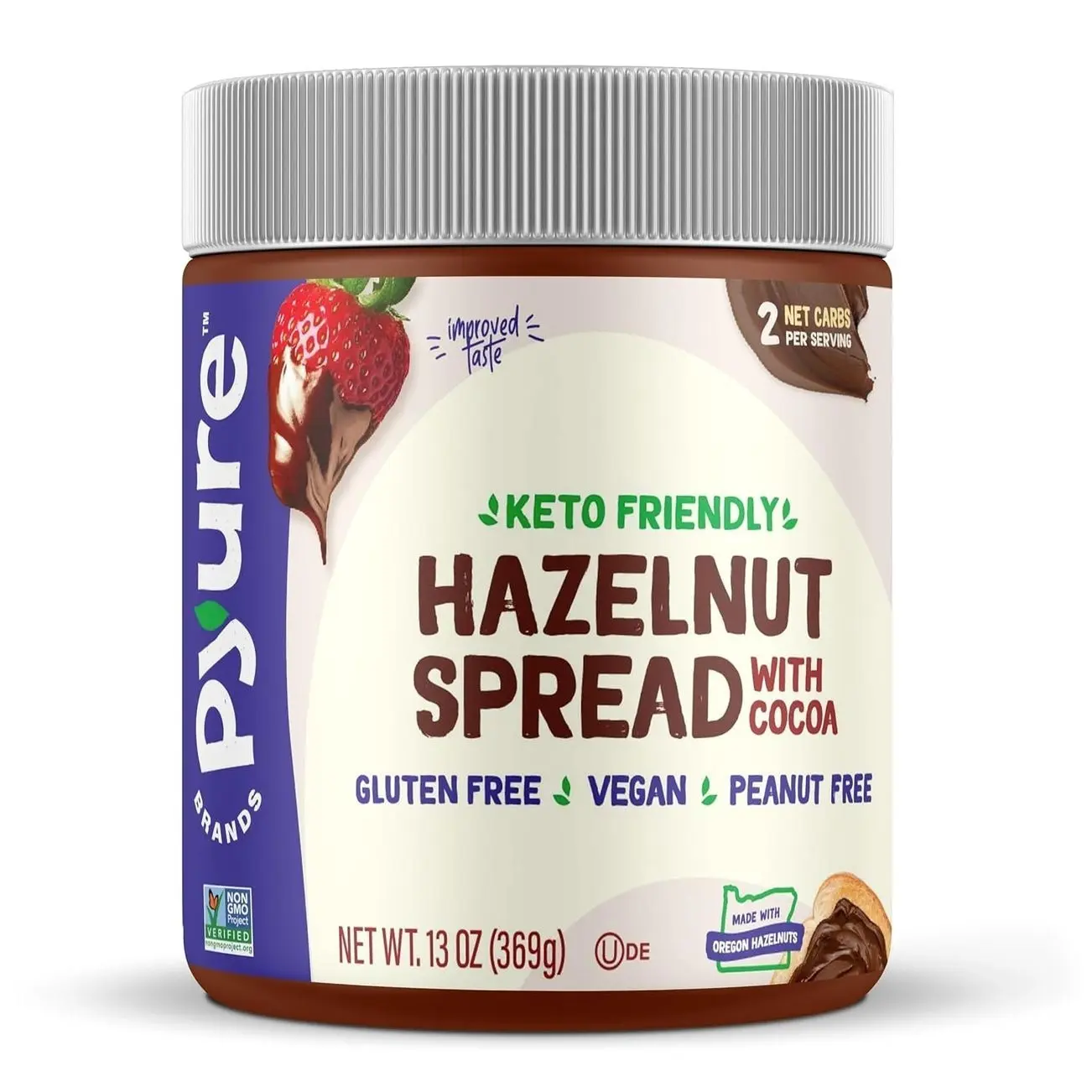 Pyure Keto Hazelnut Chocolate Spread | Sugar-Free, Low Carb, Vegan Nutella Alternative | 2g Net Carbs, Gluten-Free, Peanut-Free, Plant-Based, Non-GMO, Keto Snack, Vegan Sweets | 13 oz Jar