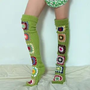 Crochet Thigh High Stockings for Women Geometric Pattern Warm Floor Socks for Indoors