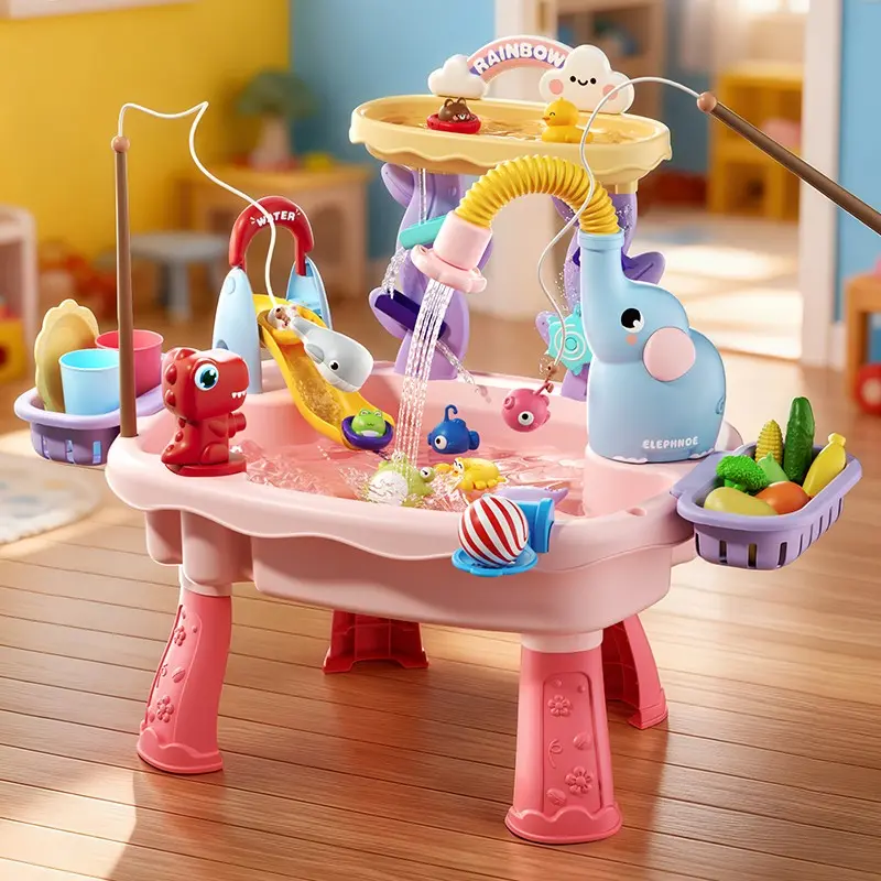 Cute Elephant Water Play Table, Slides, Dual Layer Activity Table, Kids Multi-Functional Water Table, Cognitive Development, Kitchen Sink Pretend Play, Fishing Toys, Fishing Rods, Vegetables