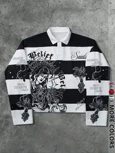 Unisex Y2K Style Virgin Mary & Saints Cross Print Striped Hoodie, Casual Streetwear, Couple, Trendy Pullover, Men's Gift