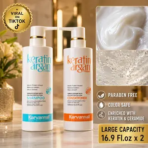 Karvannall Professional Keratin & Argan Shampoo & Conditioner Set - Advanced Anti-Breakage & Damage Repair Combo with Color Protection (2 x 16.9 fl.oz) - Luxury Salon Haircare Duo