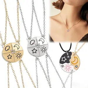 Sun, Moon & Star Puzzle Necklace Set for 3 & Matching Sun, Moon, Star & Cloud Necklace Set for 4 – Magnetic Friendship Jewelry, Ideal for Birthday, Valentine's Day, Anniversary, and Special Occasions, with Rhinestone Detail