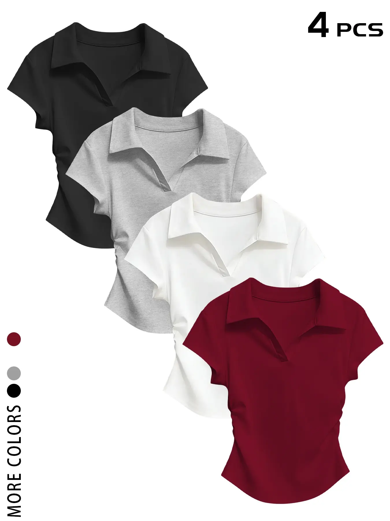 TikTok Viral 2026 Women's 4 Pack Ruched Polo Crop Tops，V Neck Collared Short Sleeve Fitted T-Shirts，Daily Wear, Office, Brunch, Casual Outings - Trendy Summer Outfits for Teen Girls & Young Women，2026 Basic Minimalist Polo Tops