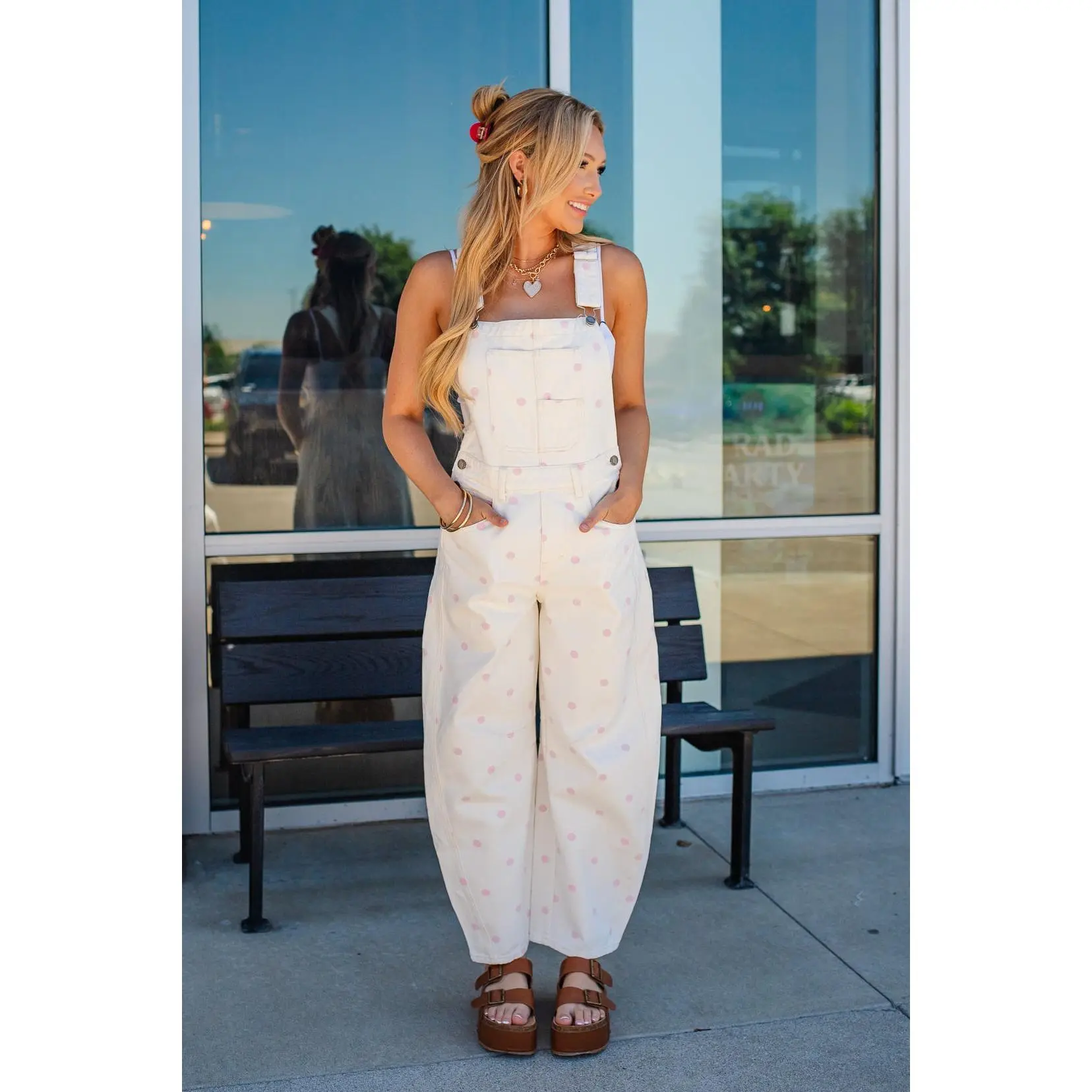Lady's Cute Pink Polka Dot Overalls - Adjustable Strap, Hip-Flattering Design, Matching Tee Compatible