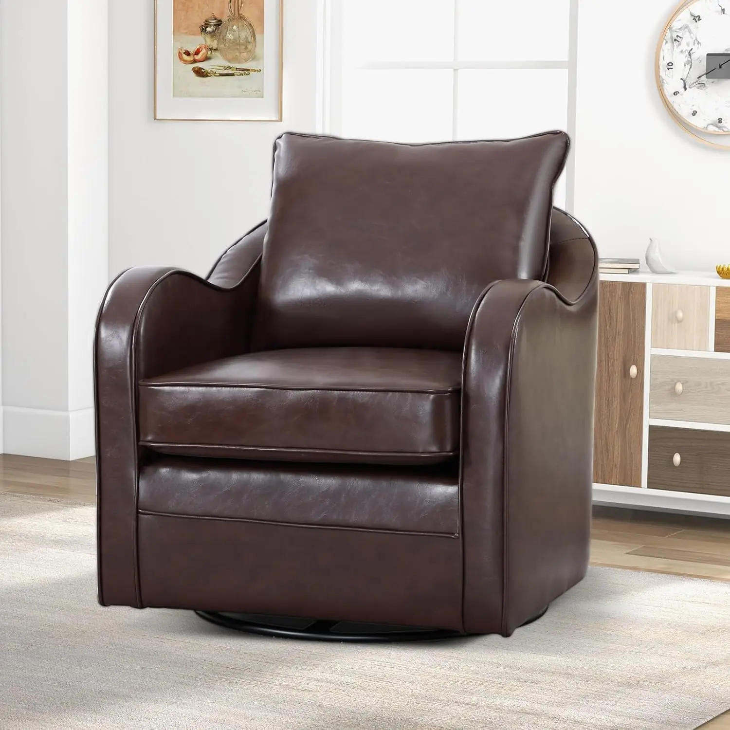 EBELLO Dark Brown Swivel Barrel Chair - Plump Back Pillow, Modern Luxury Faux Leather, 360-Degree Gently Swivel Brown Contemporary Accent Chair for Living Room, Bedroom, Brown Contemporary Chair Solid Wood Armchair