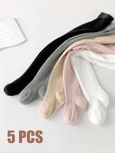 Spring & Fall Solid Color Casual Socks, Elastic Tight-Fitting Leggings, Comfortable Outdoor Wear, 5 Pairs Combo
