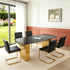 55.1" Modern White Faux Marble Glass Dining Table for 4-6 Seater , Tempered Glass Top Rectangular Kitchen Table with Golden Perforated Golden Metal Legs, Luxury Minimalist Dinner Table for Dining Room,Kitchen,Apartment