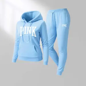 Women's Pink Heart Print  Hoodie And Drawstring Track Pants Set, Casual Sportswear, Long-Sleeved Hooded Jacket And Pants, Suitable For Autumn And Winter, Everyday Wear, Indoor And Outdoor Sportswear, Casual Sportswear.