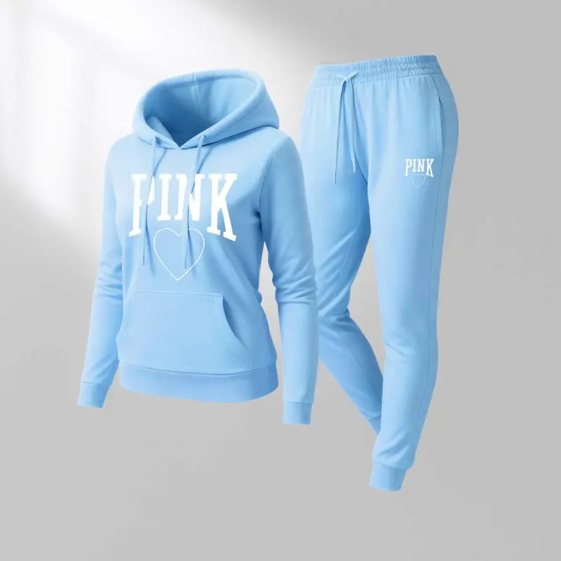 Women's Pink Heart Print Hair And Sunglasses Hoodie And Drawstring Track Pants Set, Casual Sportswear, Long-Sleeved Hooded Jacket And Pants, Suitable For Autumn And Winter, Everyday Wear, Indoor And Outdoor Sportswear, Casual Sportswear.