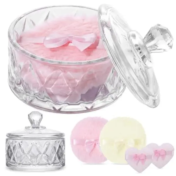 5-Piece Dusting Powder Container with Puff Set, Pink | Body Powder Puff, Women Baby Powder Applicator Puffs, Crystal-Look Powder Jar, 2 Body Puffs + 2 Mini Puffs