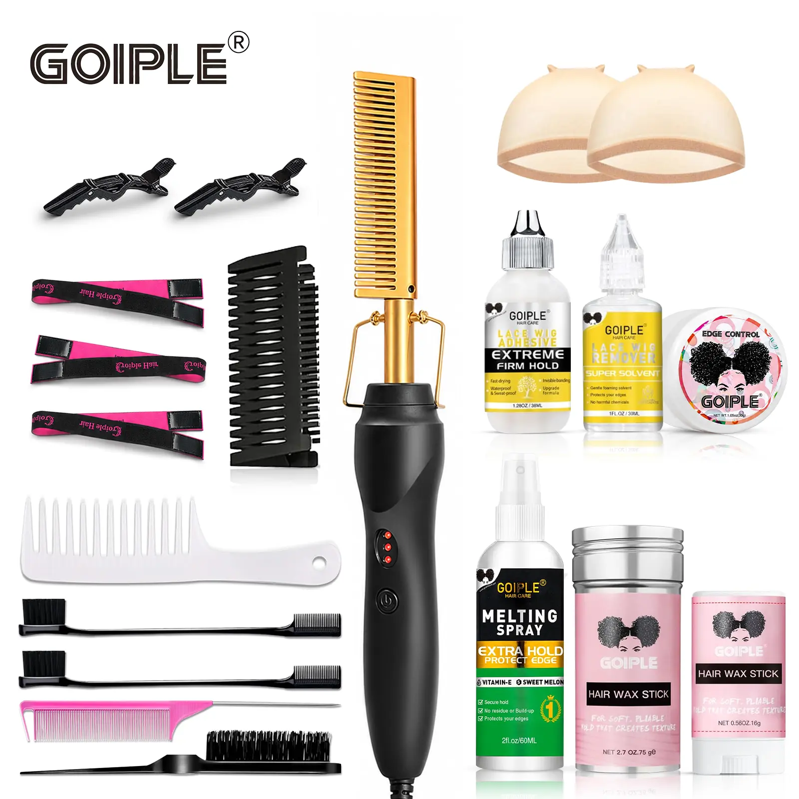 Goiple Electric Hot Comb & Wig Install Kit, Titanium Pressing Comb for Lace Front Wigs, Smooth Straightening for Black Women