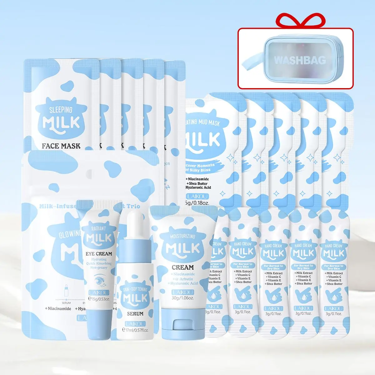 Laikou Milk Skincare Moisturizing Repairing Set Hydrating Complete Kit with Essence 17ML, Eye Cream 15g, Moisturizer 30g, Hand Creams, Sleep Masks & Mud Masks, Includes Makeup Bag, Hydration Kit