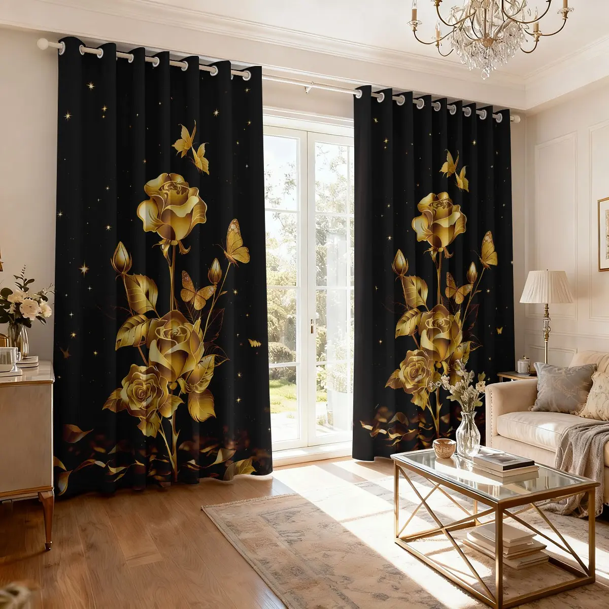2panels Blackout Curtains Set, Rose Print Design, Ideal for Bedroom Office Kitchen Living Room Study Decor, Window Treatment, Home Decoration Curtain, Thermal Insulated Curtain