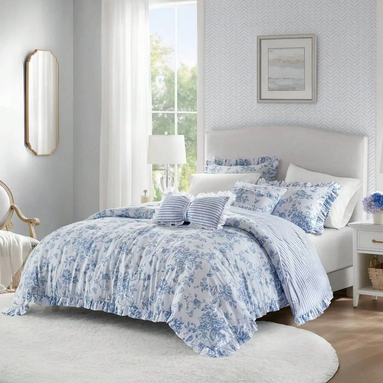 Madison Park 4/5 Pieces Adele Fluffy Summer Vacation Comforter Set – Vintage Bed In A Bag With Decor Pillows, Reversible Ruffle Bedding, Cozy Home Textile, Back-To-School Dorm Essentials, Elegant Christmas Thanks Giving Gifts