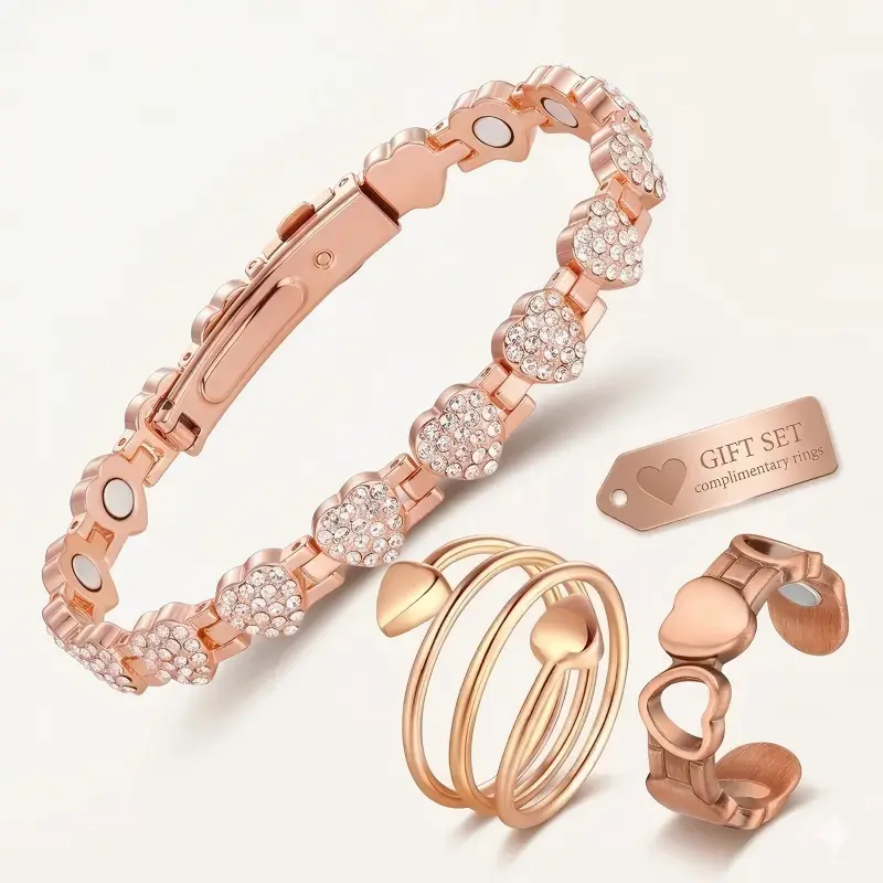 Women's 3-Piece Copper Wellness Jewelry Set - Magnetic Bracelet (3800 Gauss), 2 Adjustable Heart Cubic Zirconia Rings, Rose Gold Plated, Bracelets for Women, Gifts for Mom, Mother’s Day Wellness Gift Set, Pure Copper, Anniversary, Jewellery Gift Set, Gold