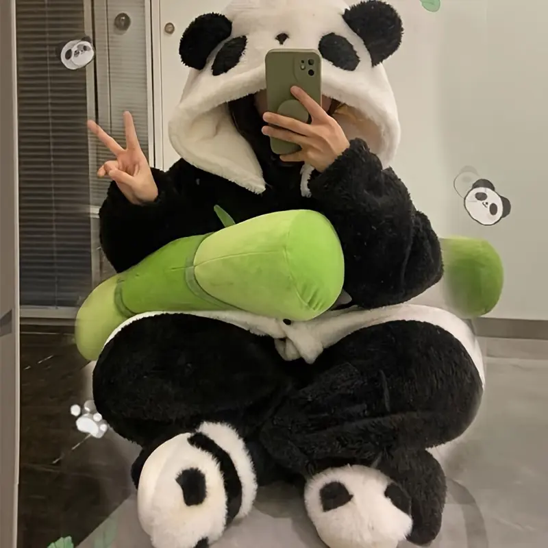 Cozy Preppy Style 1pc Panda Flannel Fleece Wearable Blanket, Cartoon Animal Themed, Machine Washable Knitted Polyester, 200-250gsm, Patched Embellishment, Long Thick Home Robe Throwblanket, Cozy Chic Blanket, Flannel Fleece Blankets