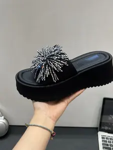 Summer Luxury Firework Rhinestone Wedge Heel Thick Sole Sandals, Platform Lift Outdoor Flip Flops, Trendy Anti-Slip Slippers