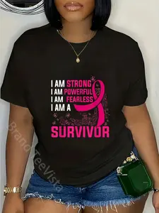 Men's 100% Cotton Vintage Short-Sleeve Streetwear T-Shirt, Unisex Round Neck Graphic Top for Pink Breast Cancer Survivors (I Am Strong Powerful Fearless)