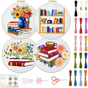 4 Set Book Embroidery Kit for Adults Beginners 8'' Flower DIY  Stitch Kits Beautiful DIY Needlepoint Starter Kit with Instructions Stamped Embroidery Kit for  Ofiice Decor
