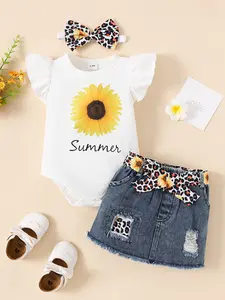 Baby girl summer white short sleeved jumpsuit with sunflower and "Summer" printed ruffled sleeves paired with denim ripped short skirt, leopard print sunflower belt, vibrant baby outfit