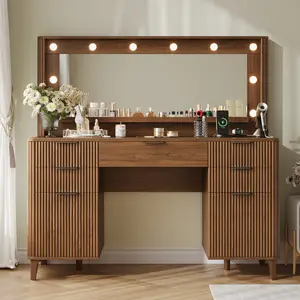 Oxirth  Walnut vanity mirror light, Walnut Fluted Vanity with 5 Drawers & 2 Cabinets, Large Vanity Table with Charging Station & 3 Lighting Modes, Mid Century Modern Bedroom Furniture