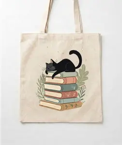 [Ship From US] - Cute Black Cat Tote Bag Book Lover Canvas Aesthetic Shoulder Bag