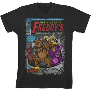 Five Nights at Freddy's Comic Cover Art Boy's Black T-Shirt Graphic Tees shirts for adult men funny vintage Crew Neck Short Sleeve tops vacation outfits clothing birthday gifts