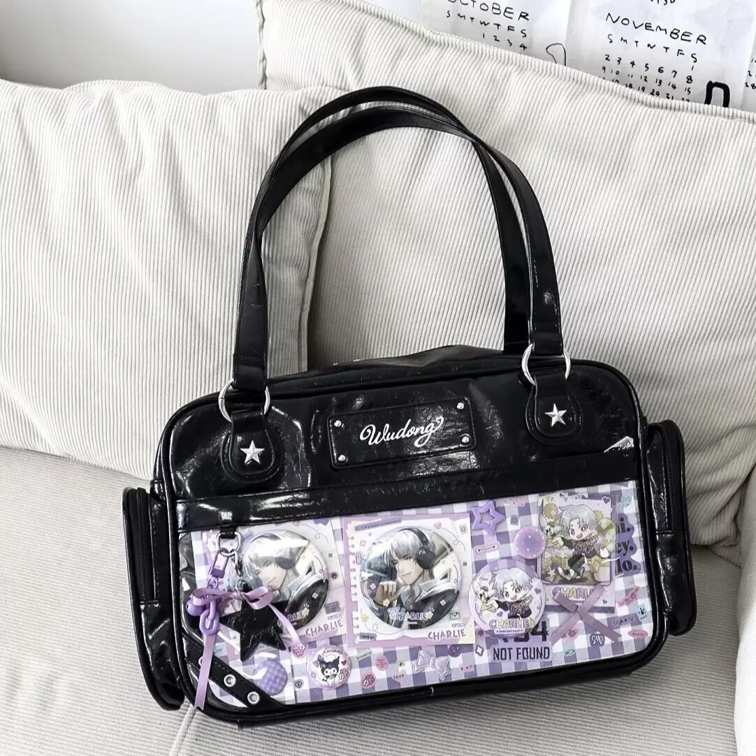 Kawaii Black Glossy Ita Bag Clear Display Window Anime Badge Photocard Storage Bag Purple Star Bow Accessories Y2K Harajuku Shoulder Bag For Anime Lover Girls Cosplay Daily Bag