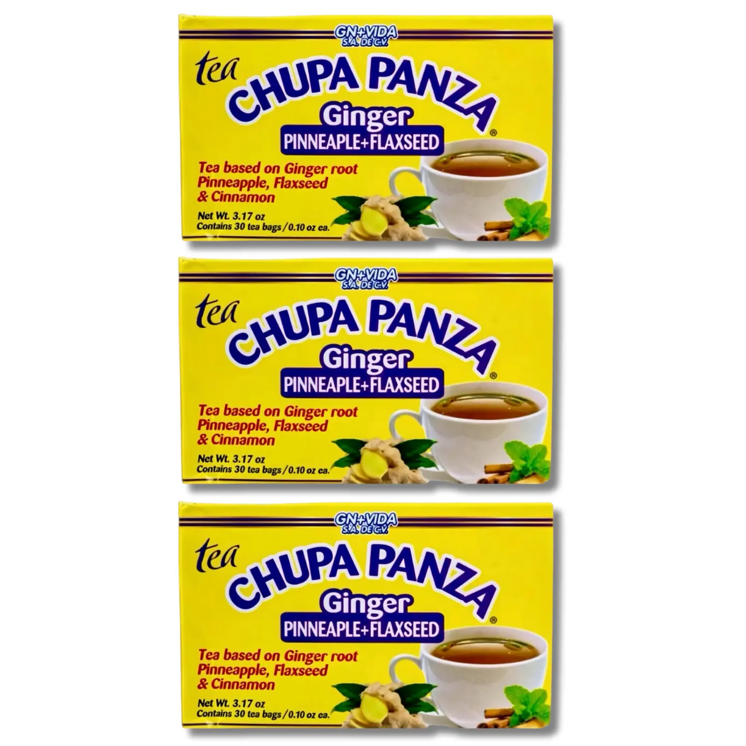 Chupa Panza GN+Vida VIRAL 3 Pack Special Bundle Detox Tea 30 Tea Bags 3.2 oz Ginger Pineapple Flaxseed Cinnamon Herbal Detox Tea