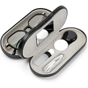 2 in 1 Contact Lens and Glasses Case Double Sided Portable Eyeglasses Case with Built-in Mirror Tweezer Remover and Contact Lens Solution Bottle Storage Kit for Travel Outdoors Daily Use