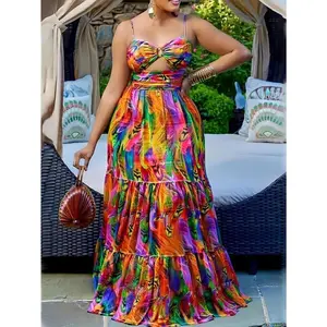 Plus-size allover print slip dress, casual cut-out maxi dress for spring and summer, women’s plus-size knit spaghetti-strap dress