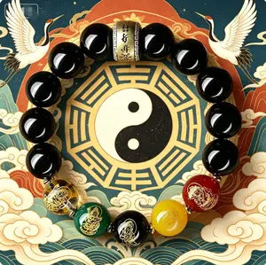 Taoist Five Wealth Gods Lucky Bracelet Black Obsidian Rotatable Protection Amulet Beads Jewelry