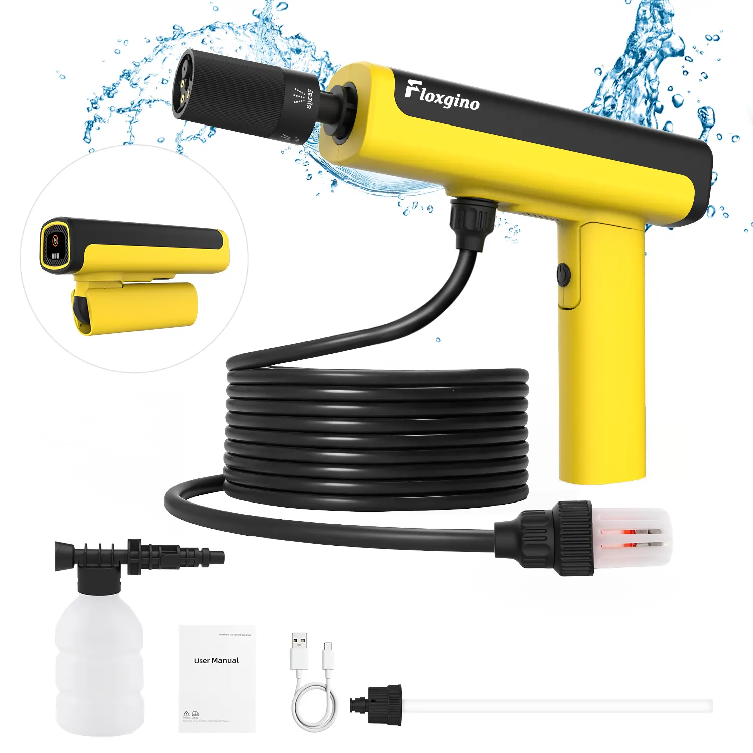 Portable Cordless Car Washer, 1000 PSI Cordless Foldable Power Washer, 5-in-1 Nozzle, 16.4 FT Hose, 4.0Ah Battery, Type-C Charging Car Wash Equipment for Camping, Bicycles